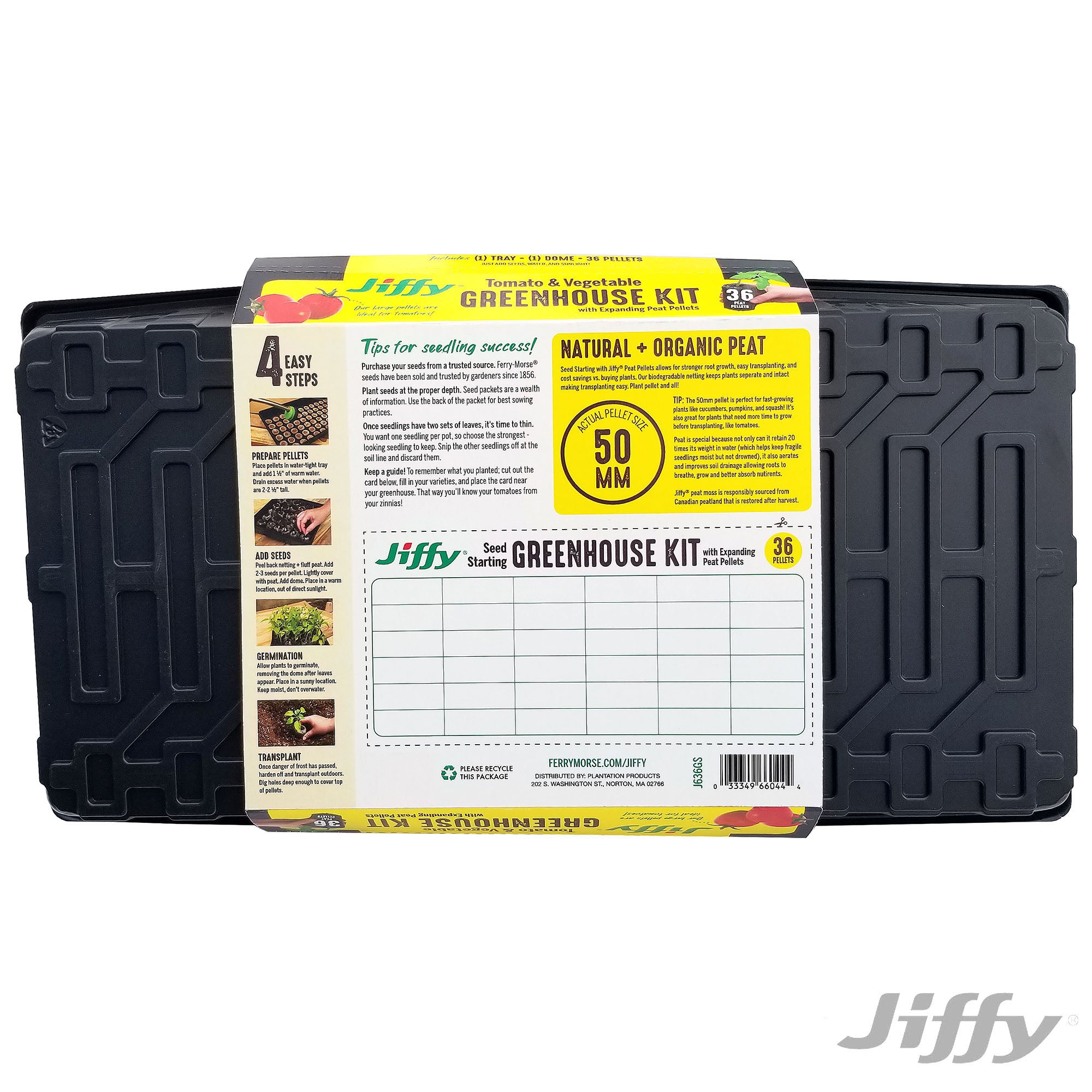 Jiffy brand seed starting kit, containing 36 peat pellets in a black tray with a clear plastic cover